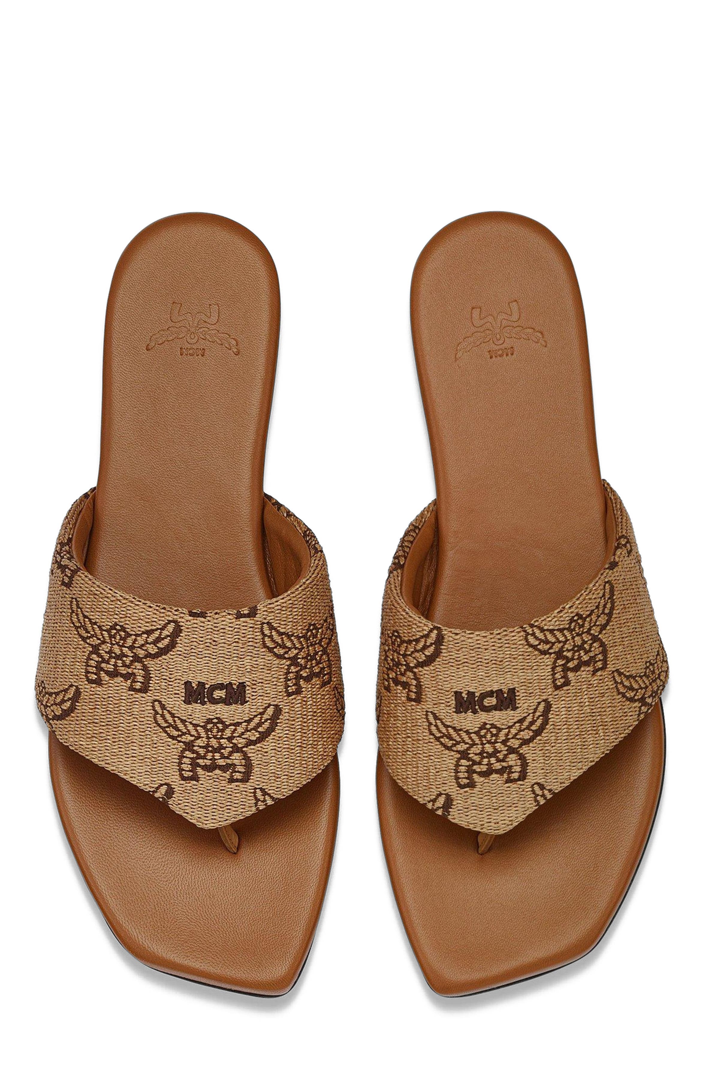 MCM Flat Sandals in Lauretos Raffia Jacquard, Alternate, color, 