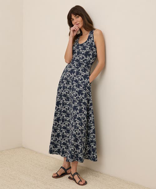 Pact Organic Cotton Fit & Flare Open Back Maxi Dress In Bouquet Blooms Midnight Blue