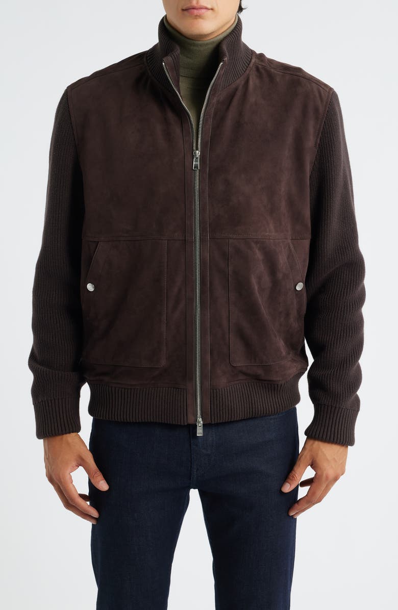 BOSS Maparo Goatskin Suede & Cotton Blend Knit Jacket, Alternate, color, Dark Brown