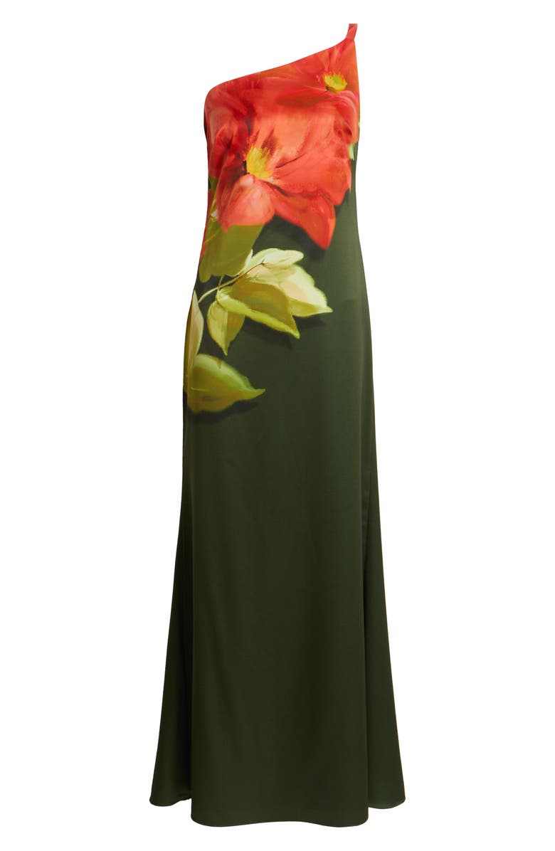 Vince Camuto Placed Print One-Shoulder Satin Gown, Alternate, color, Olive
