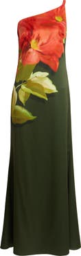 Vince Camuto Placed Print One-Shoulder Satin Gown