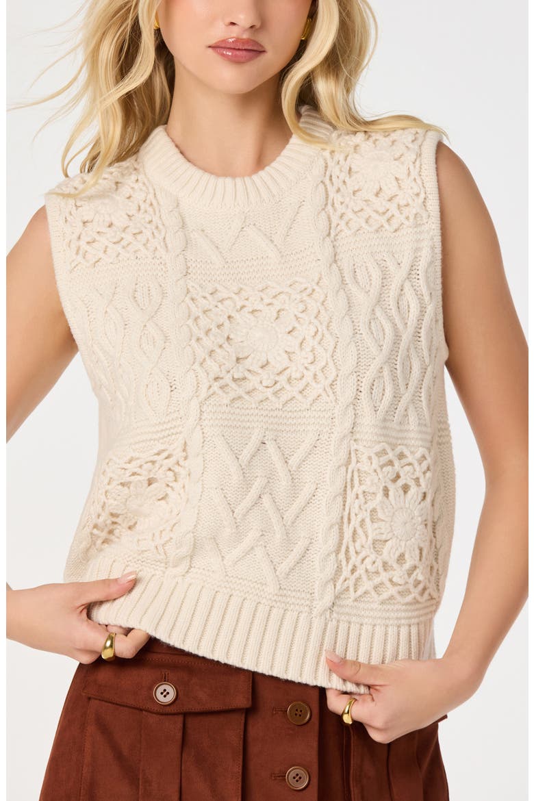 Edlyn Patchwork Cable Knit Sweater Vest, Main, color, CREAM