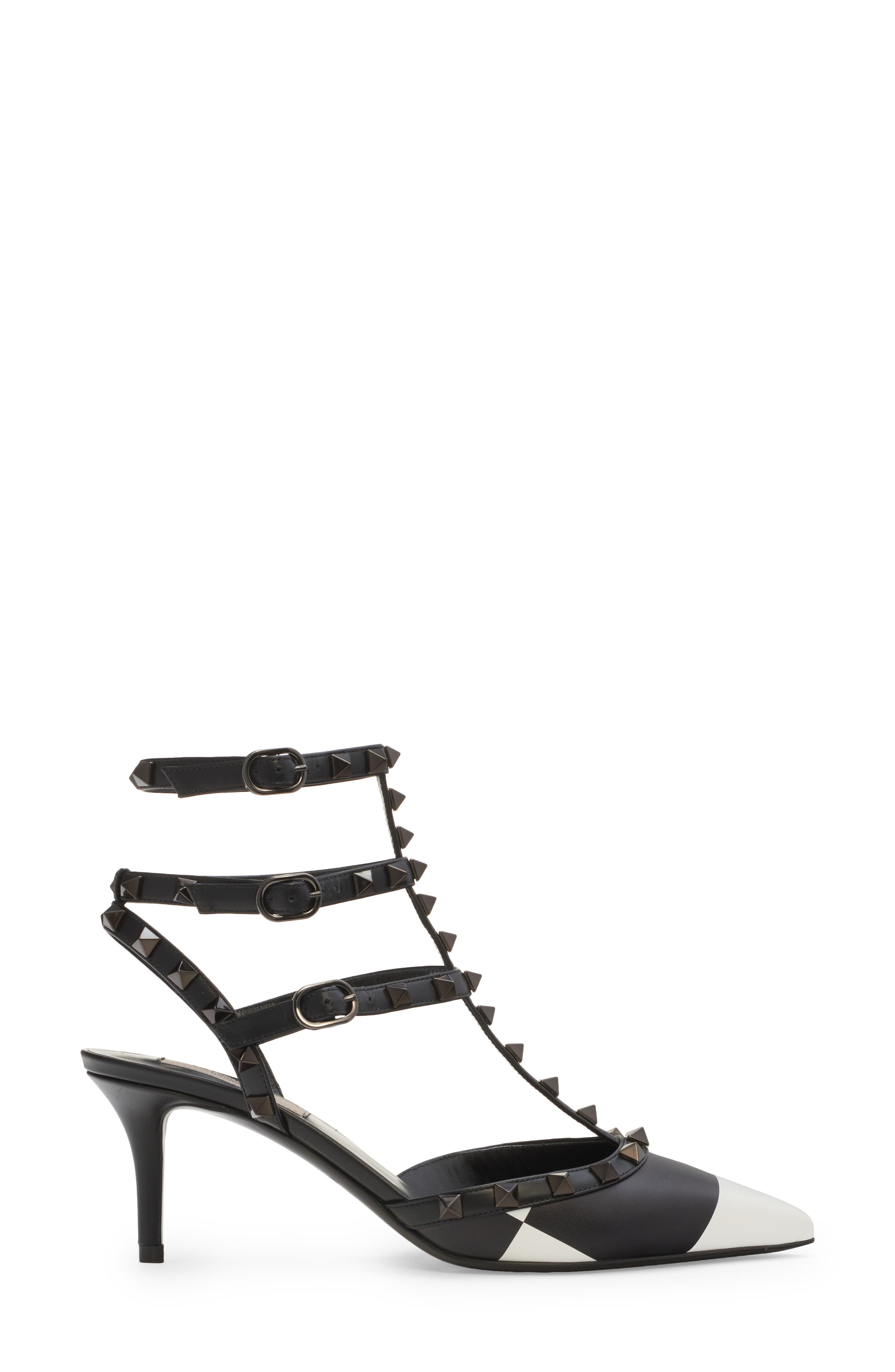 Valentino Garavani Rockstud Pointed Toe T-Strap Pump, Alternate, color, A01 Bianco/ Nero