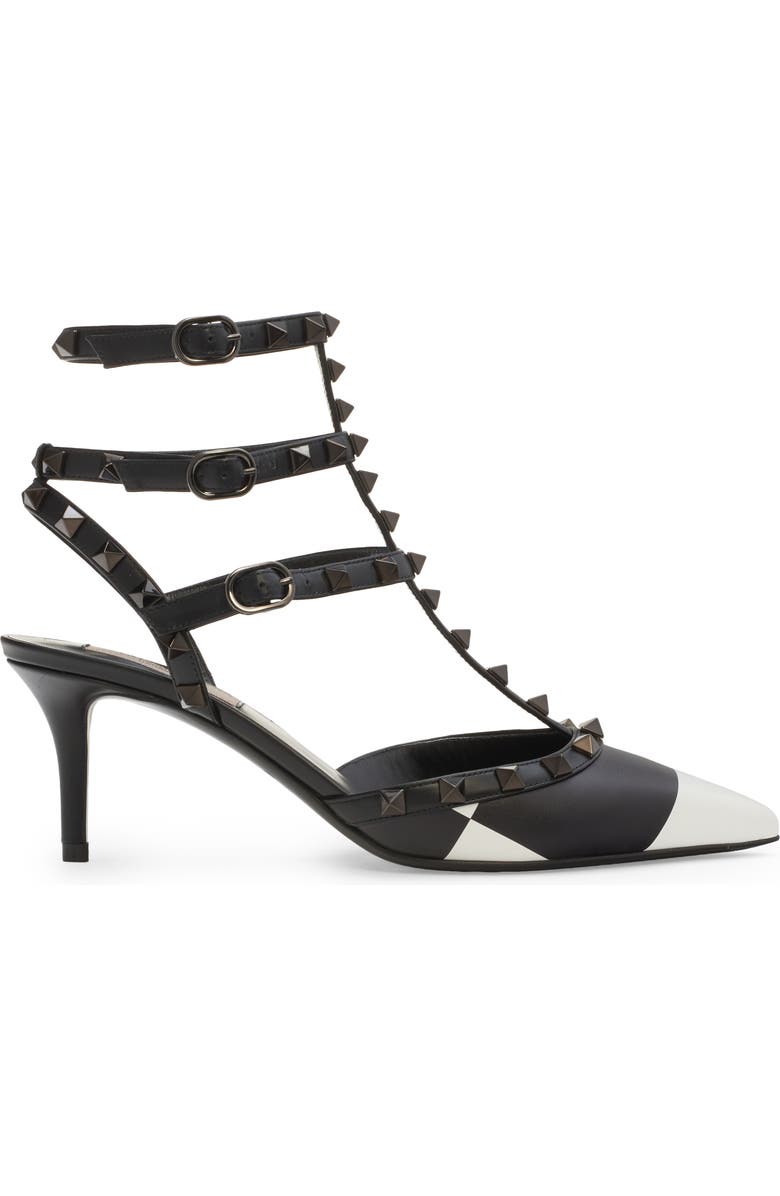 Valentino Garavani Rockstud Pointed Toe T-Strap Pump, Alternate, color, A01 Bianco/ Nero