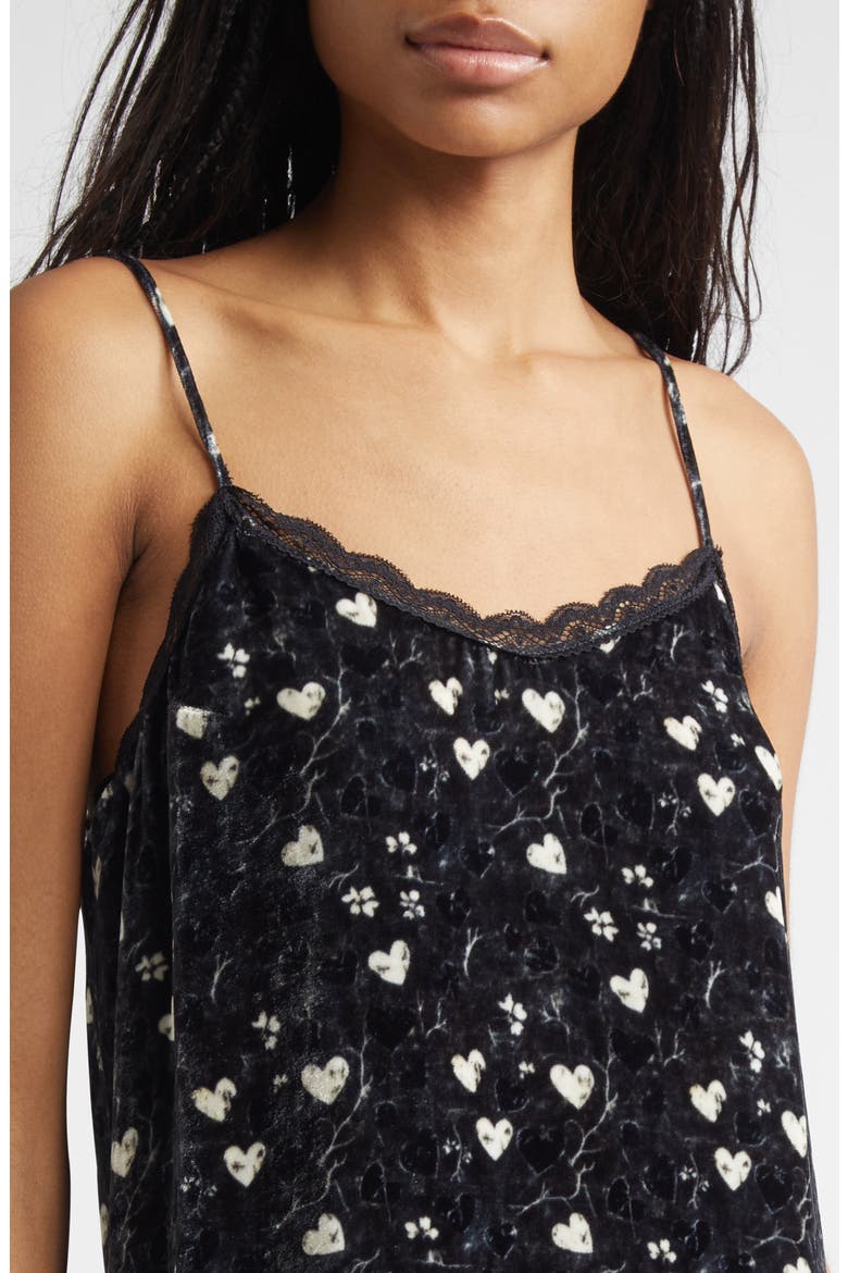 Heart Print Lace Trim Crushed Velvet Slipdress, Alternate, color, HEARTS ON BLACK