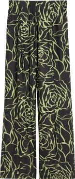 Dries Van Noten Pila Giant Couture Rose Print Pleated Wide Leg Twill Pants