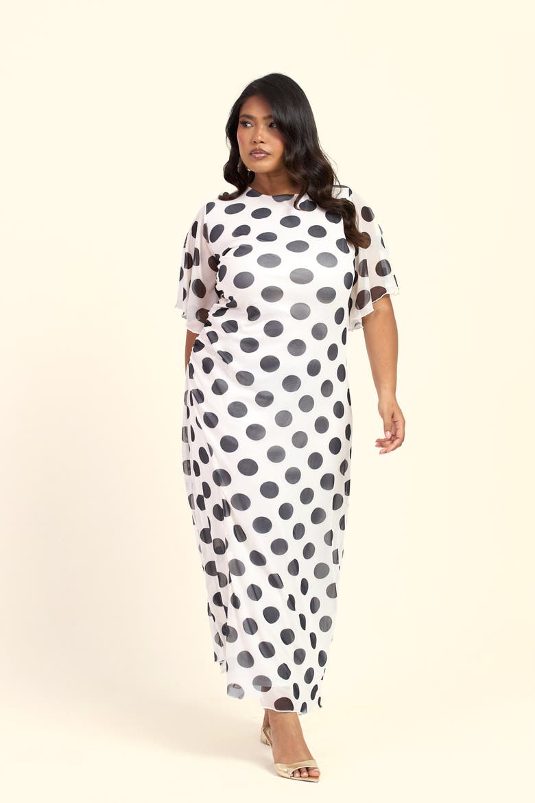 Large Polka Dot Ruched Side Maxi Dress, Alternate, color, Beige
