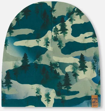 Deux par Deux Boy's Printed Beanie Hat Forest Green With Black