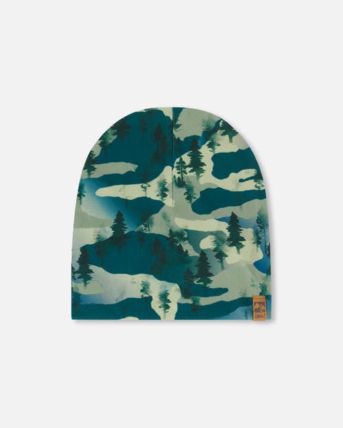 Deux Par Deux Boy's Printed Beanie Hat Forest Green With Black Pines In Forest Green With Black Pines