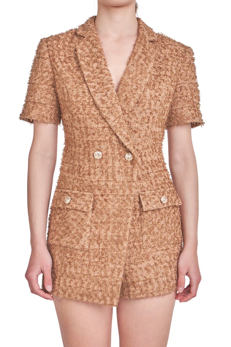 Double Breasted Tweed Romper, Alternate, color, BROWN