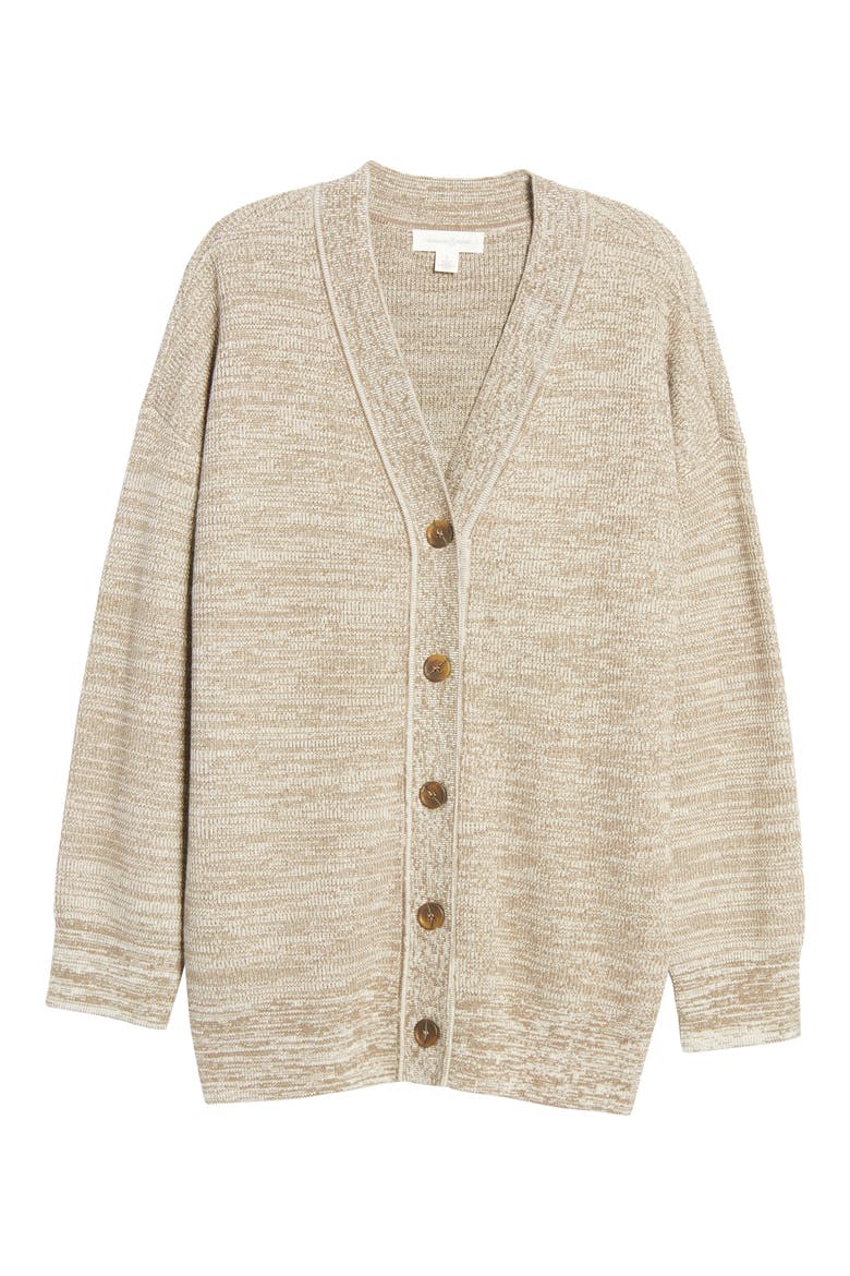 Cotton Blend Marled Cardigan, Alternate, color, BEIGE OAT HEATHER BROWN