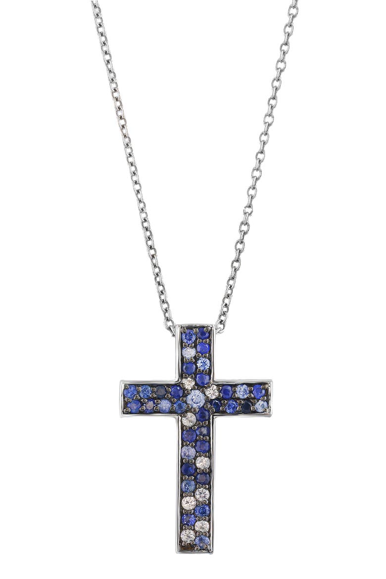 Sterling Silver Sapphire Cross Pendant Necklace, Main, color, BLUE