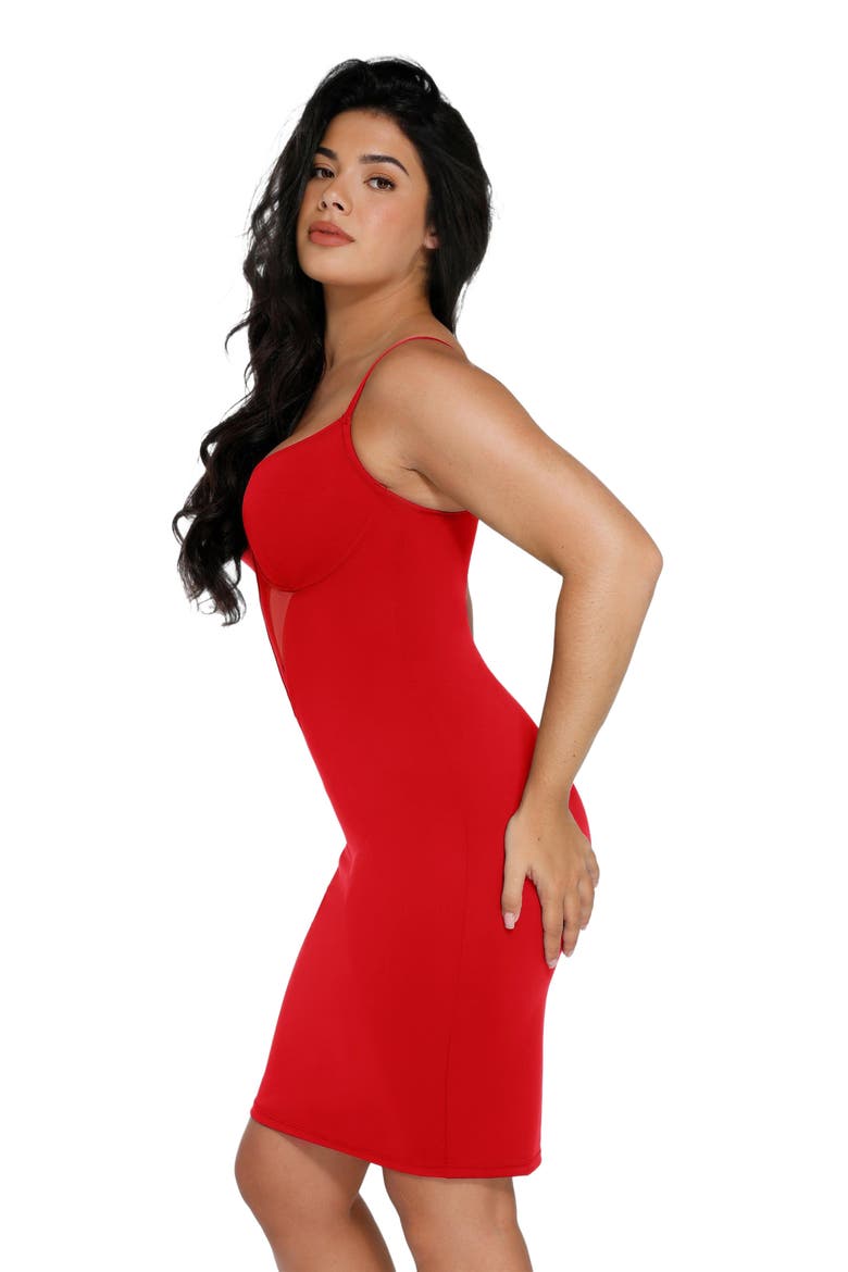 Shapewear Mesh Corset Panel Built-In Sculpting Midi Dress, Alternate, color, Bright red