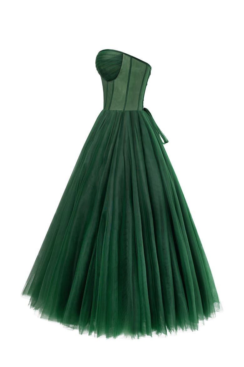 Strapless Puffy Tulle Midi Formal Occasion Dress in Emerald Green, Alternate, color, Emerald Green
