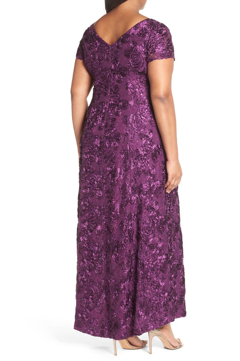Rosette Lace Short Sleeve A-Line Gown, Alternate, color, EGGPLANT