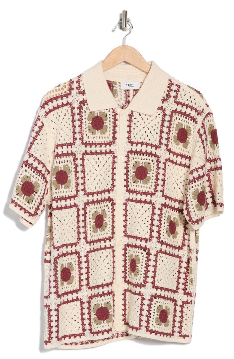 TRUTH Crochet Square Short Sleeve Button-Up Shirt, Alternate, color, Ivory Square Combo