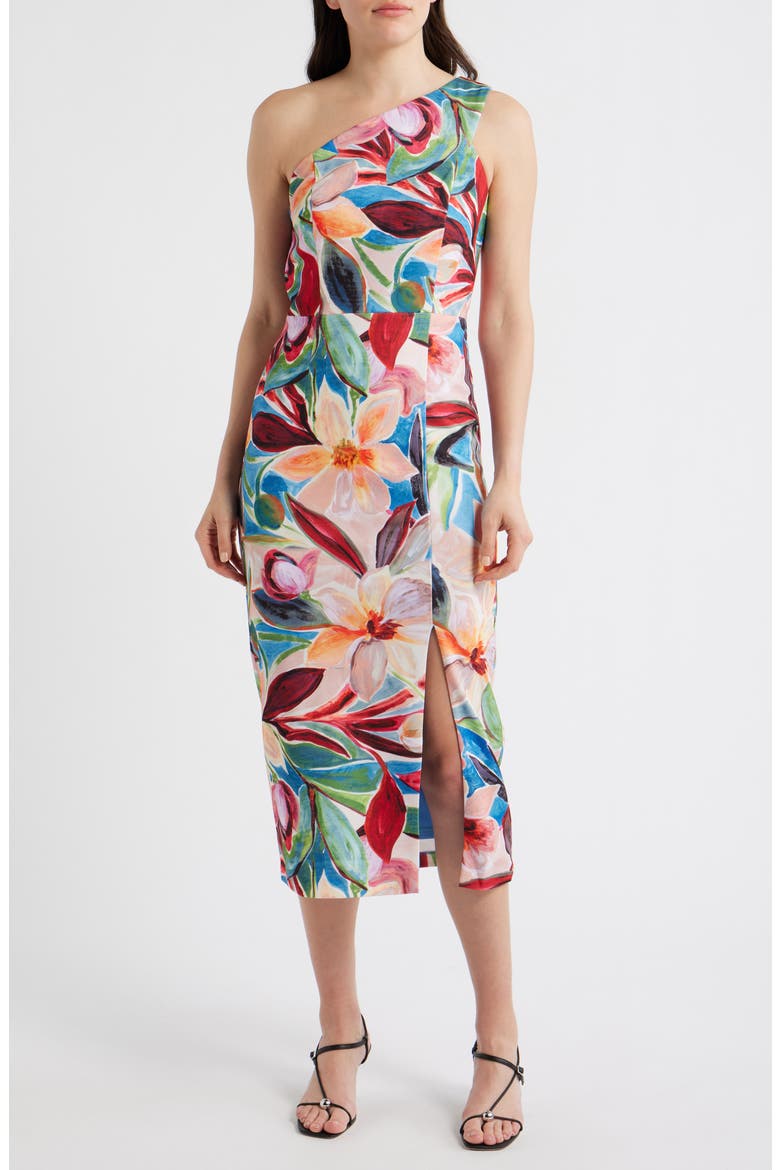 One-Shoulder Tropical Floral Midi Dress, Main, color, BLUE MULTI