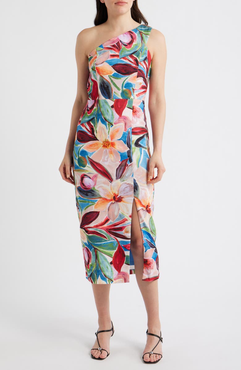 Vince Camuto One-Shoulder Tropical Floral Midi Dress, Main, color, Blue Multi