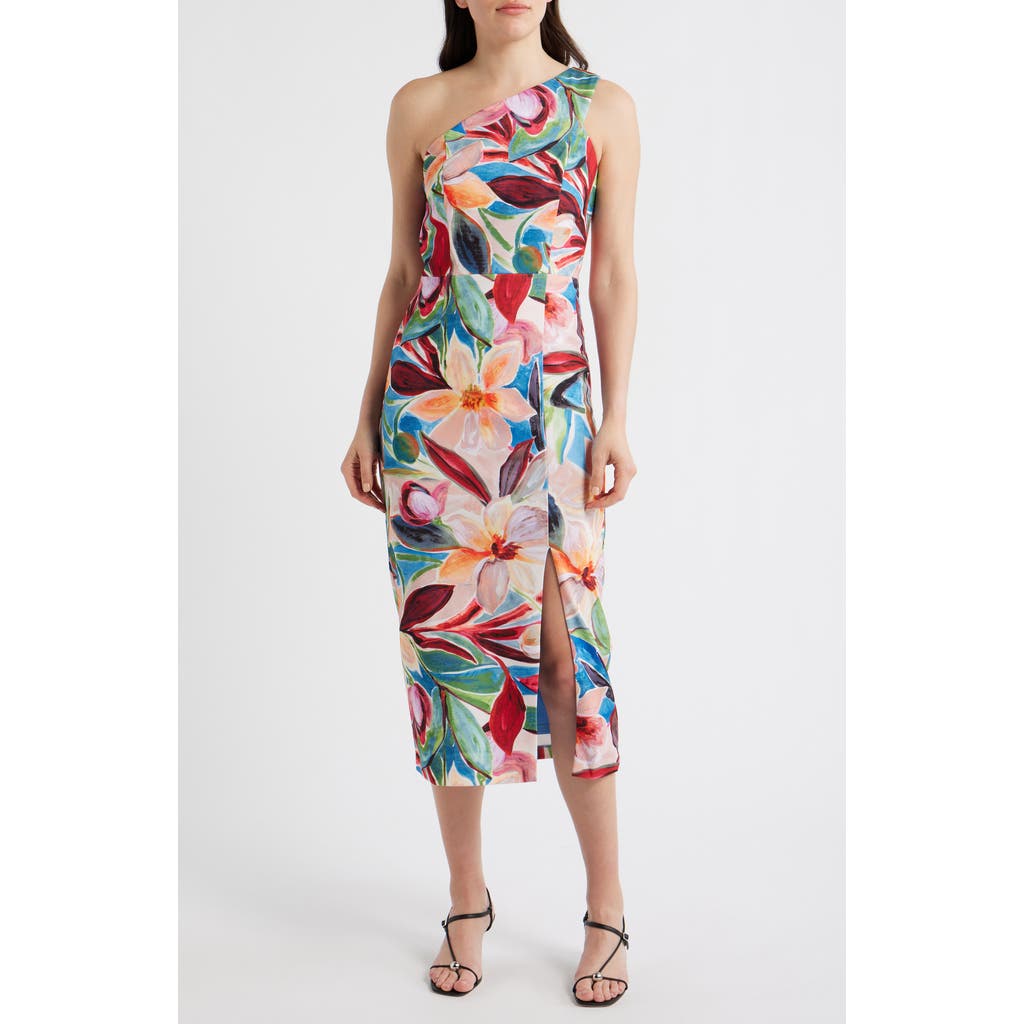 Vince Camuto One-Shoulder Tropical Floral Midi Dress in Blue Multi at Nordstrom, Size 2