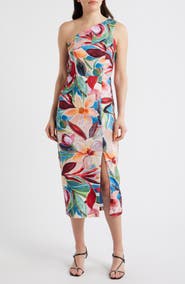 Vince Camuto One-Shoulder Tropical Floral Midi Dress