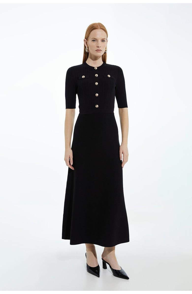 Karen Millen Rib Knit Military Trim Maxi Dress, Main, color, Black