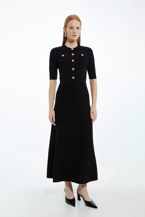 Rib Knit Military Trim Maxi Dress