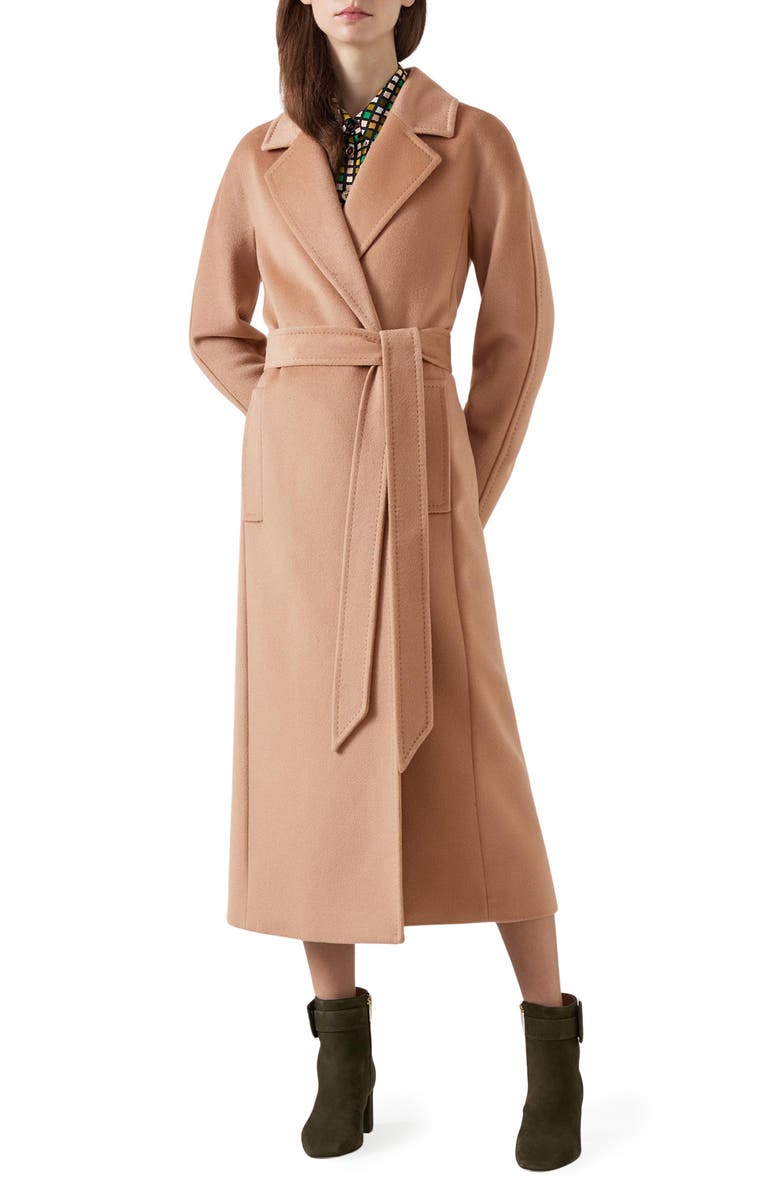 LK Bennett Frances Belted Wool Coat, Main, color, Camel