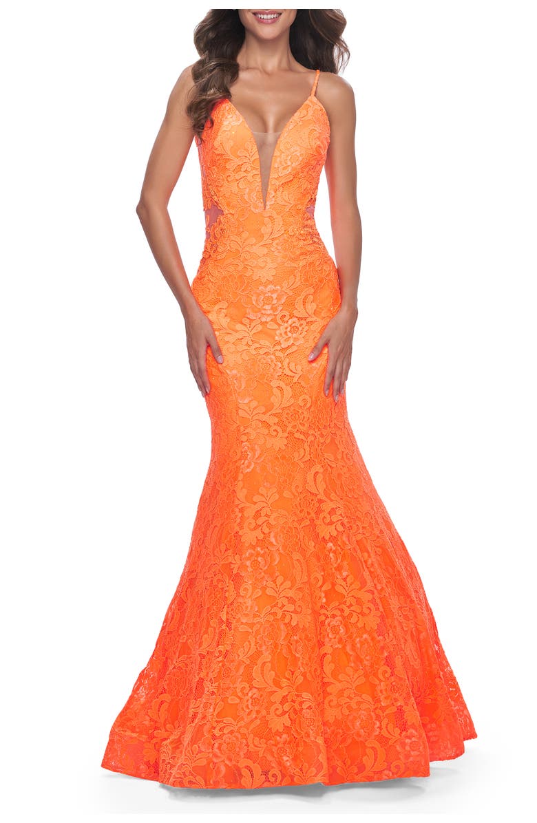 La Femme Long Mermaid Lace Dress with Back Rhinestone Detail, Alternate, color, Bright Orange
