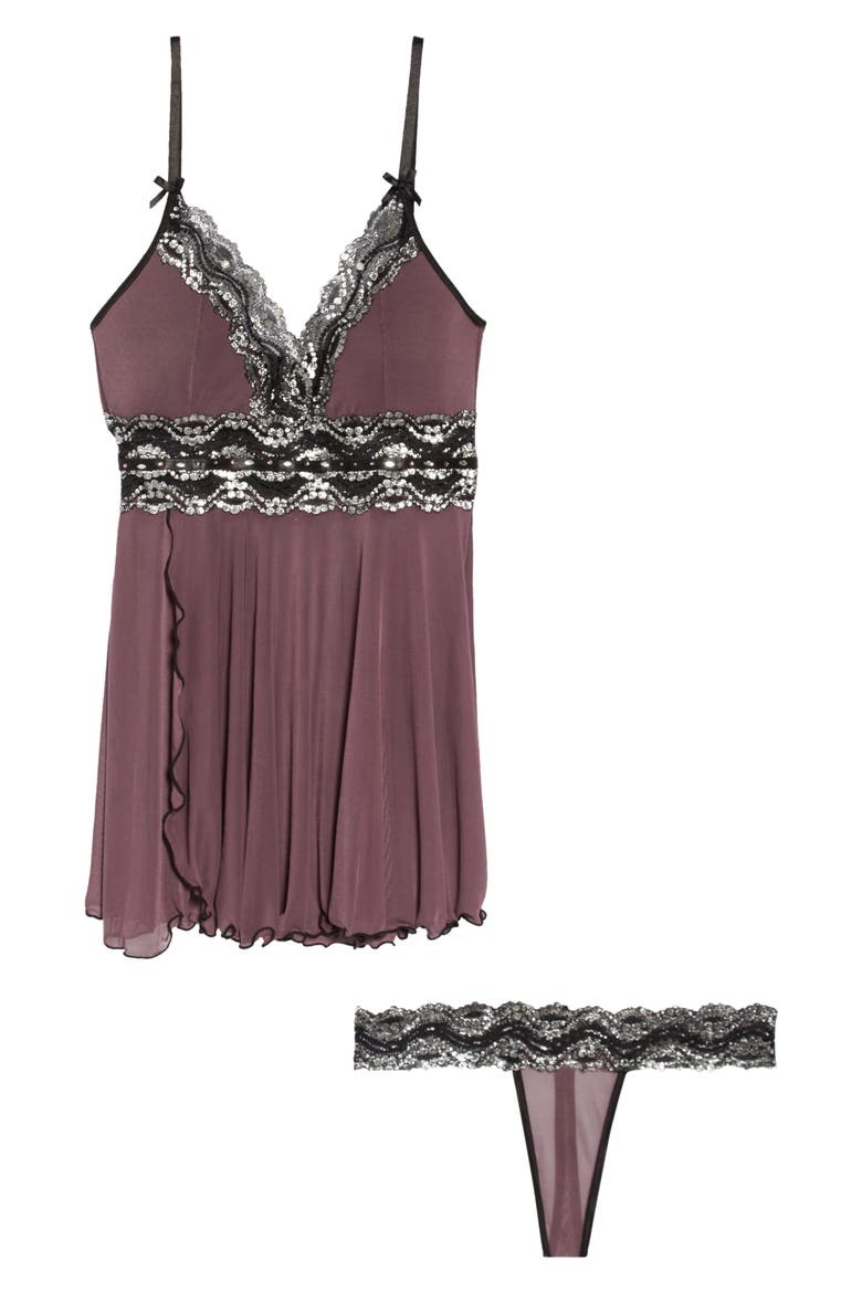 Metallic Lace Trim Babydoll Chemise & Thong, Alternate, color, PURPLE