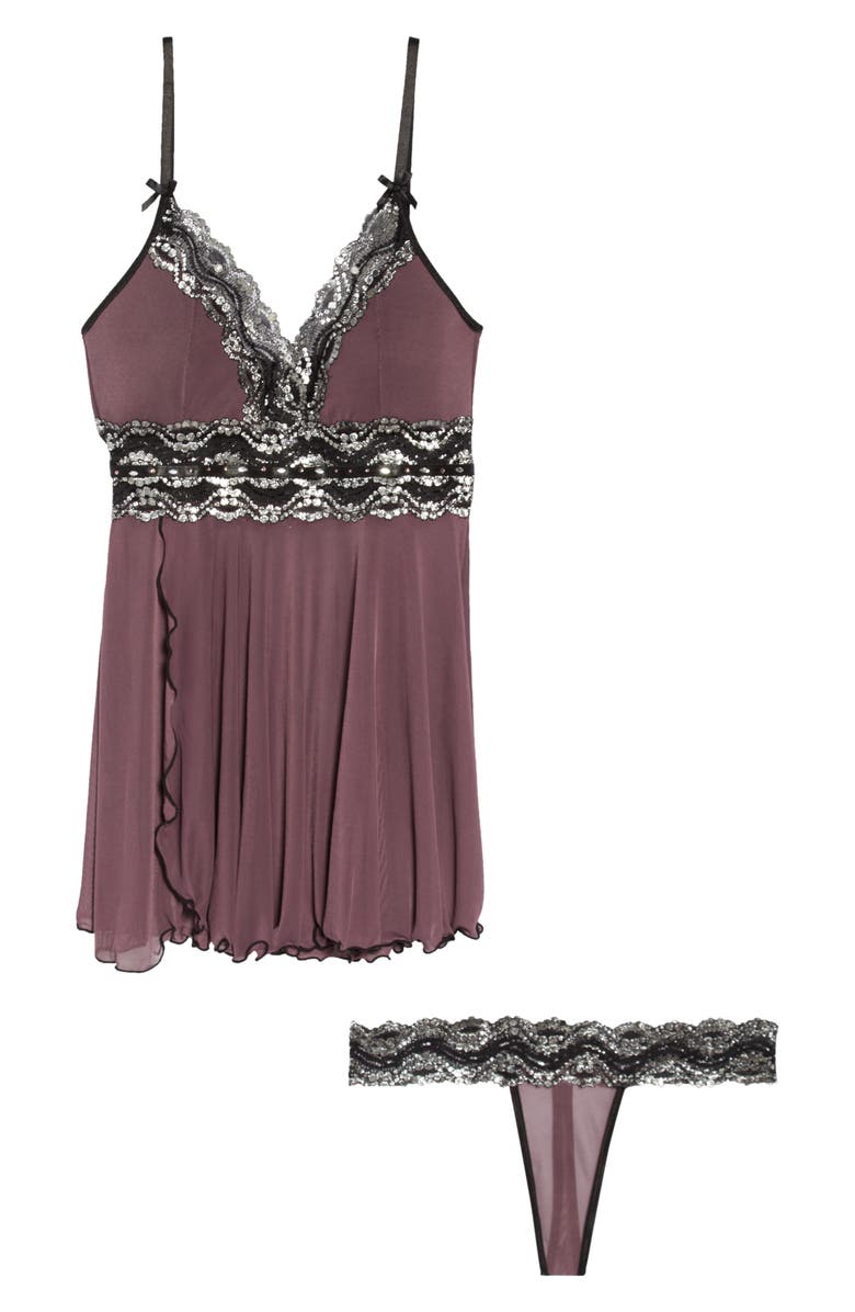 Coquette Metallic Lace Trim Babydoll Chemise & Thong, Alternate, color, Purple