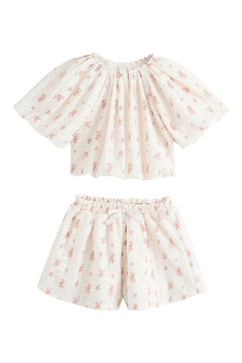 Kids' Ditsy Floral Cotton Puff Sleeve Top & Shorts Set, Main, color, NEUTRAL