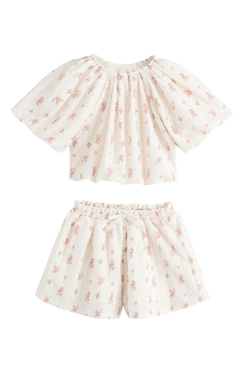 NEXT Kids' Ditsy Floral Cotton Puff Sleeve Top & Shorts Set, Main, color, Neutral