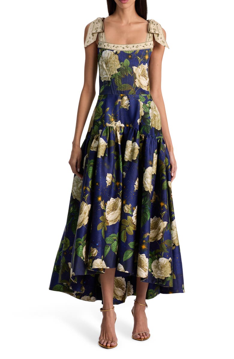 Alice + Olivia Rosalee Tie Strap Corset Stretch Cotton High-Low Dress, Main, color, Twilight Eden