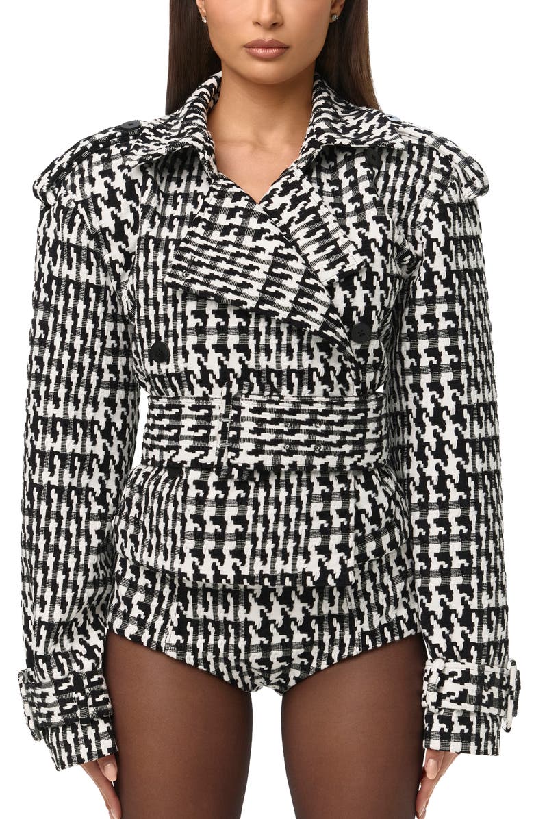 Naked Wardrobe Houndstooth Short Trench Coat, Main, color, Black/ White