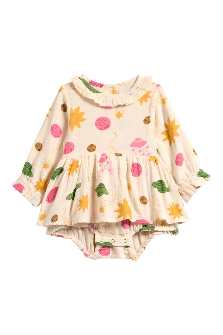 Space Long Sleeve Skirted Organic Cotton Muslin Bodysuit, Main, color, OFF WHITE