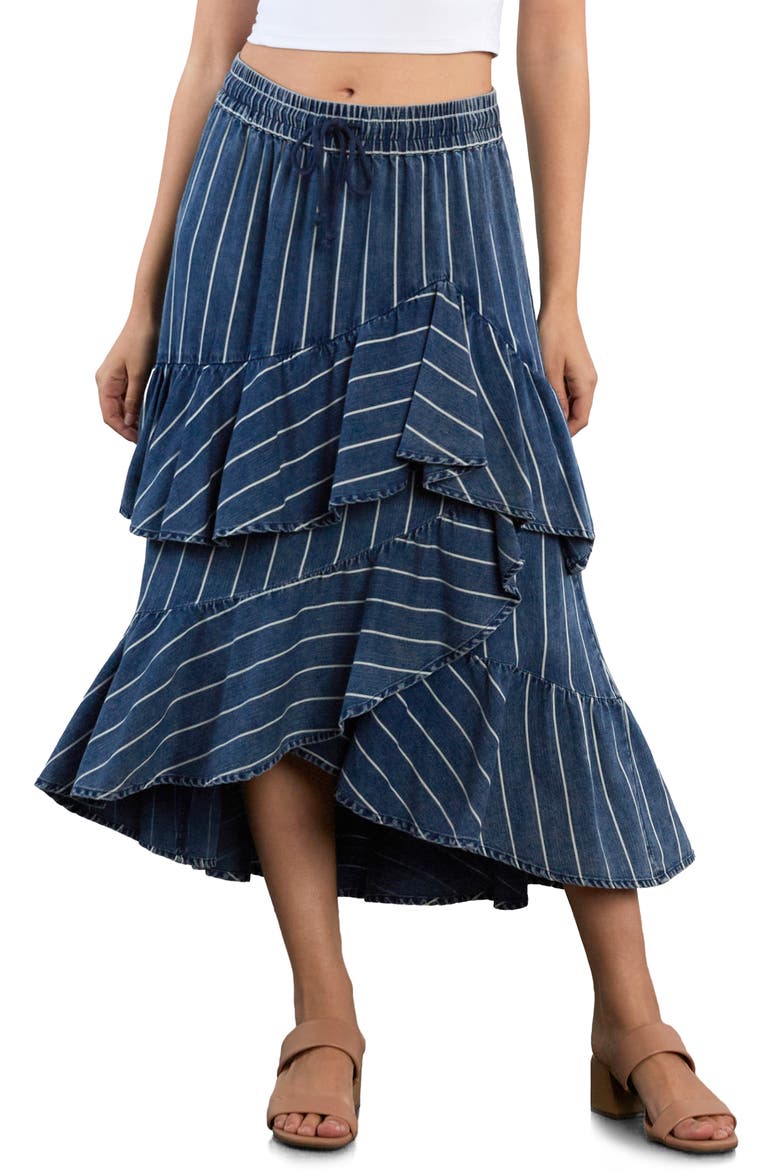 Moonlit Ruffle Midi Skirt, Main, color, INDIGO CABANA STRIPE