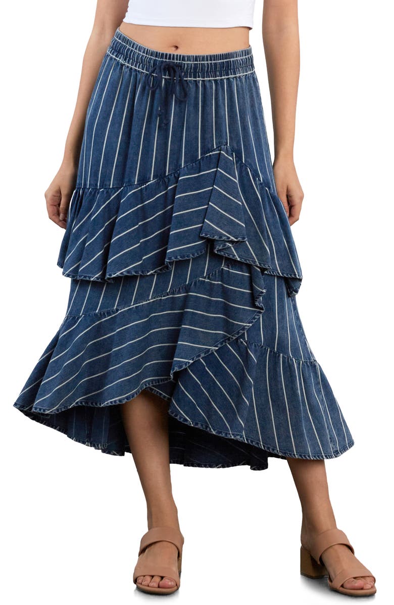 Wash Lab Denim Moonlit Ruffle Midi Skirt, Main, color, Indigo Cabana Stripe
