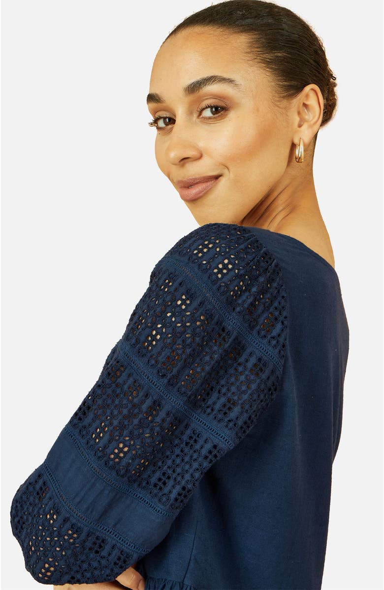 Yumi Broderie Anglaise Puff Sleeve Dress, Alternate, color, Navy