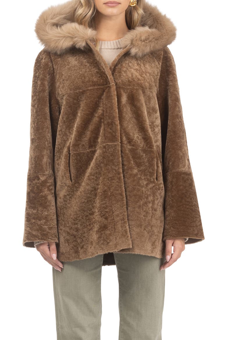 Reversible Textured Genuine Shearling Parka with Genuine Shearling Trim, Alternate, color, CAMEL/CAMEL