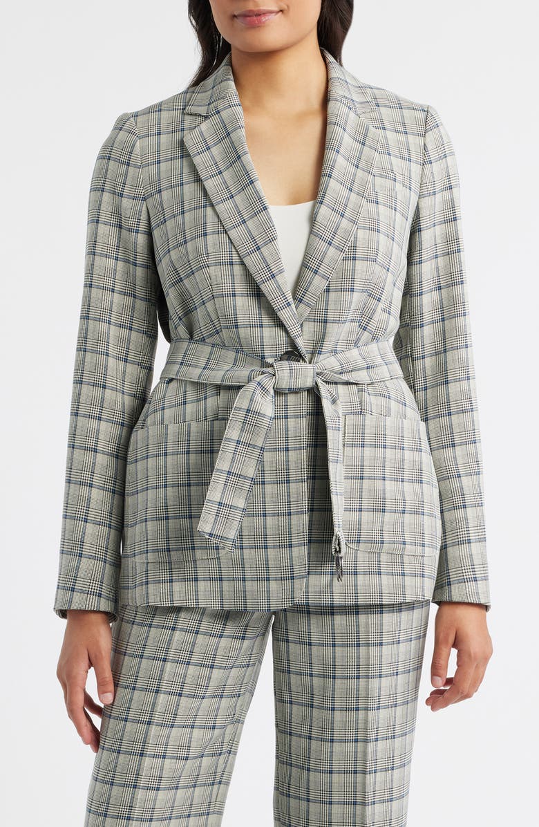 Anne Klein Belted Plaid Blazer, Main, color, Blue Carbon Multi