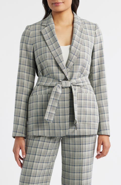 Belted Plaid Blazer