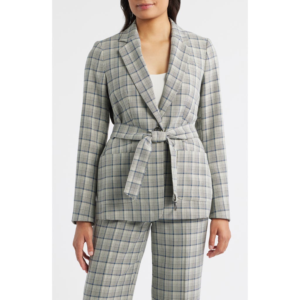 Anne Klein Belted Plaid Blazer In Gray