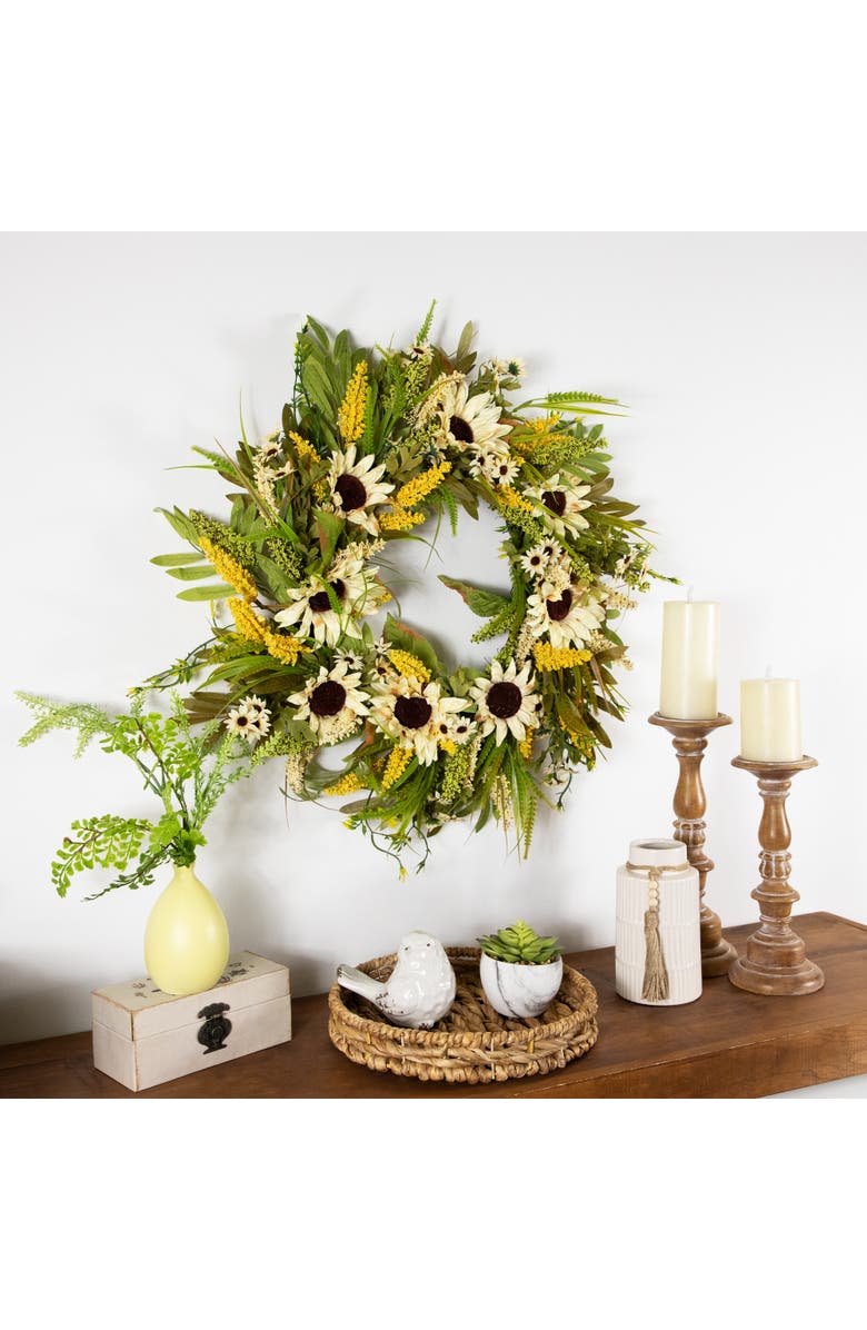 Northlight Sunflowers, Daisies and Pip Berries Floral Artificial Fall Harvest Wreath - 24", Alternate, color, Beige