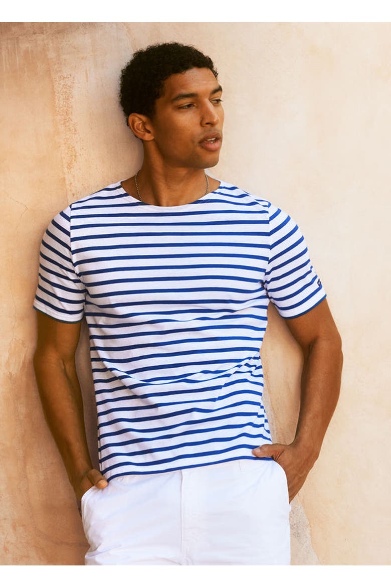 LEVANT MODERN - Breton Stripe Short Sleeve Shirt, Alternate, color, white/royal blue