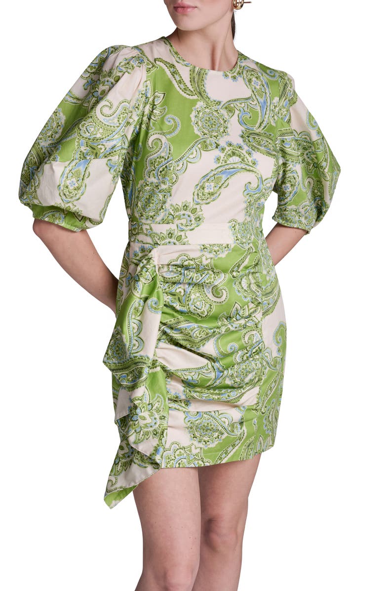 BCBG Paisley Puff Sleeve Ruched Minidress, Alternate, color, Citrus Twist