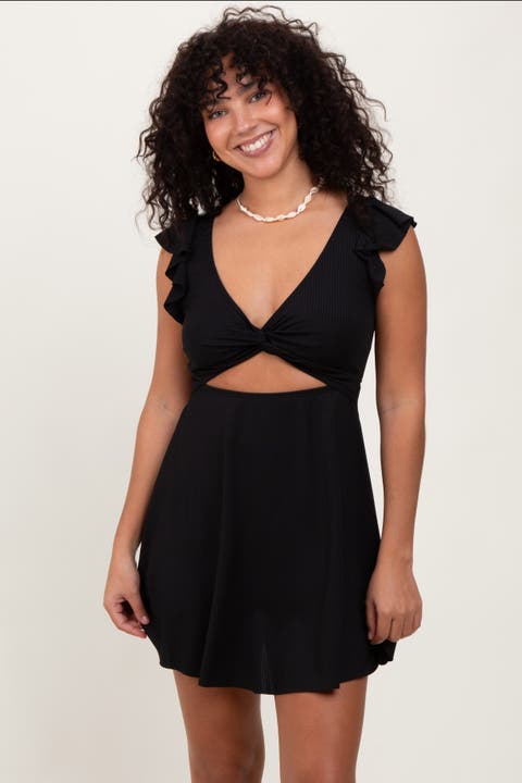 Ribbed Ruffle Twist Front Swim Dress