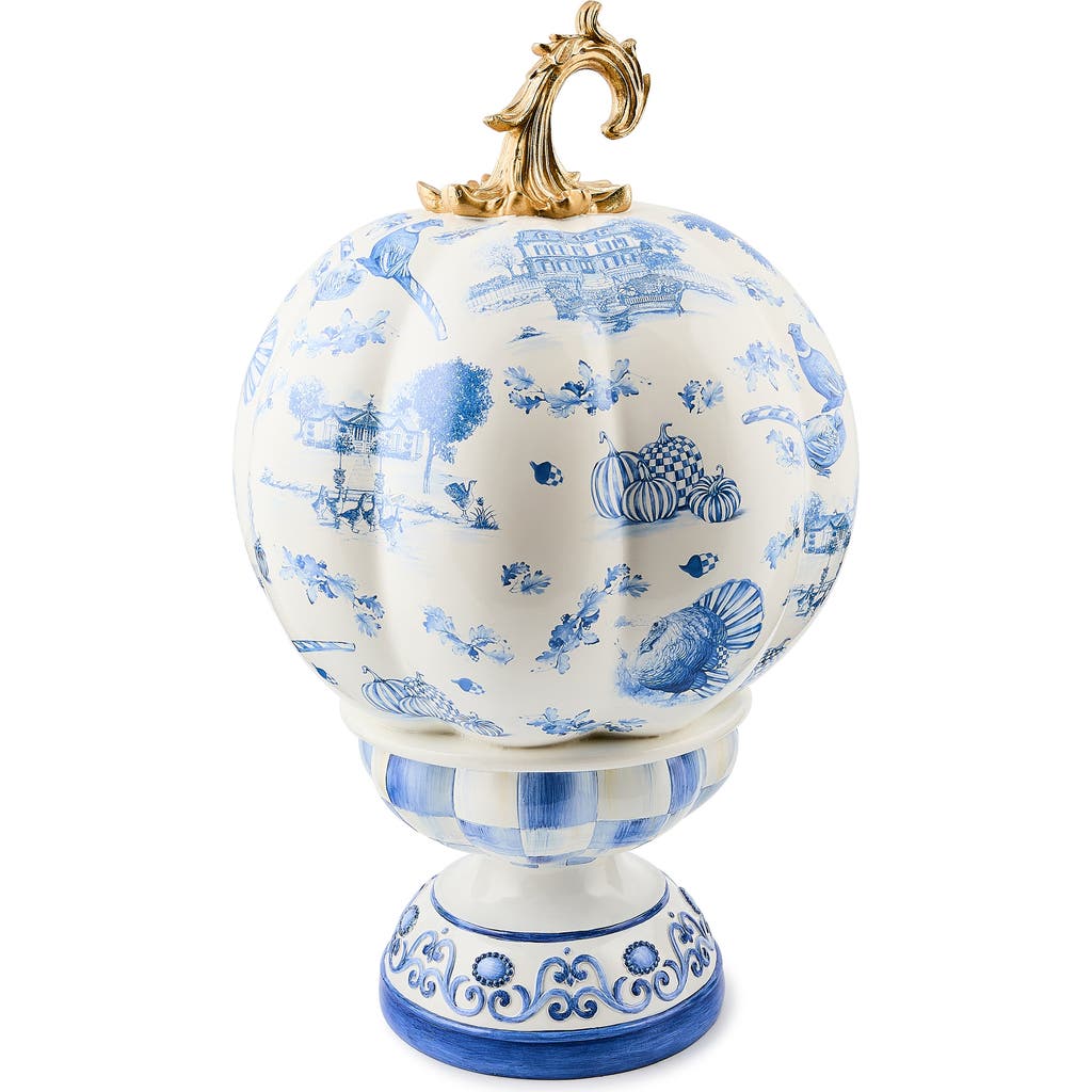 Mackenzie-childs Mackenzie Childs Royal Autumn Toile Pedestal Pumpkin In Blue