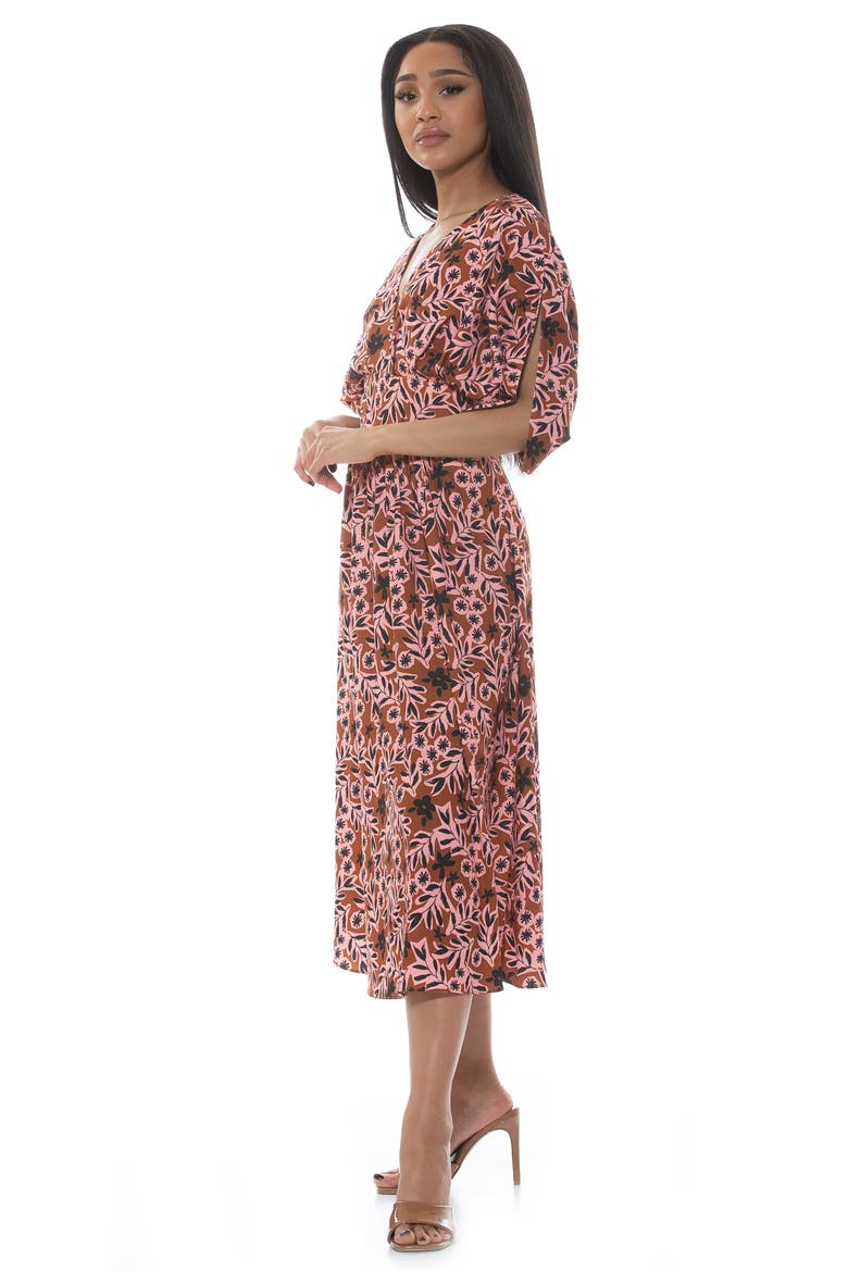 August Draped Sleeve Fit & Flare Midi Dress, Alternate, color, BROWN FLORAL