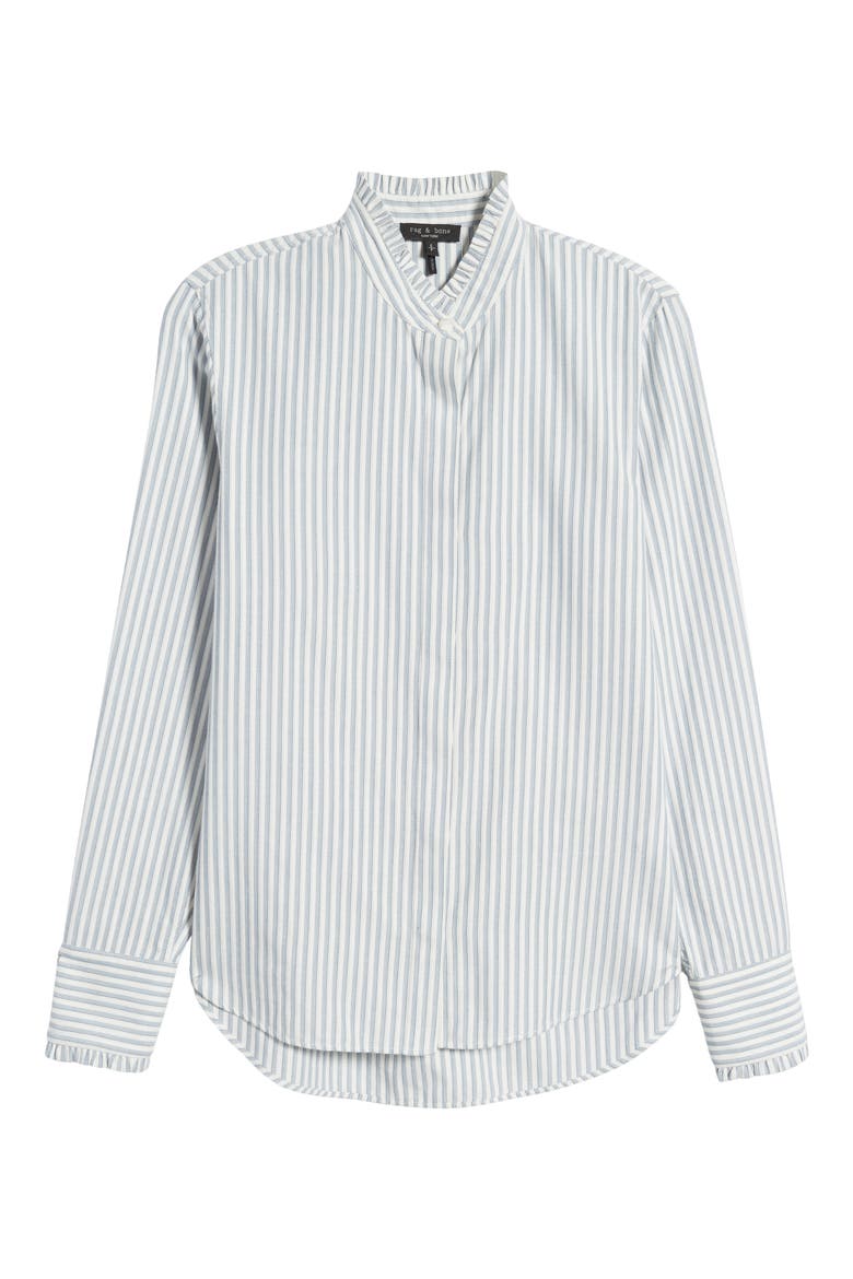 Jordan Stripe Ruffle Cotton Button-Up Shirt, Alternate, color, BLUE STRIPE
