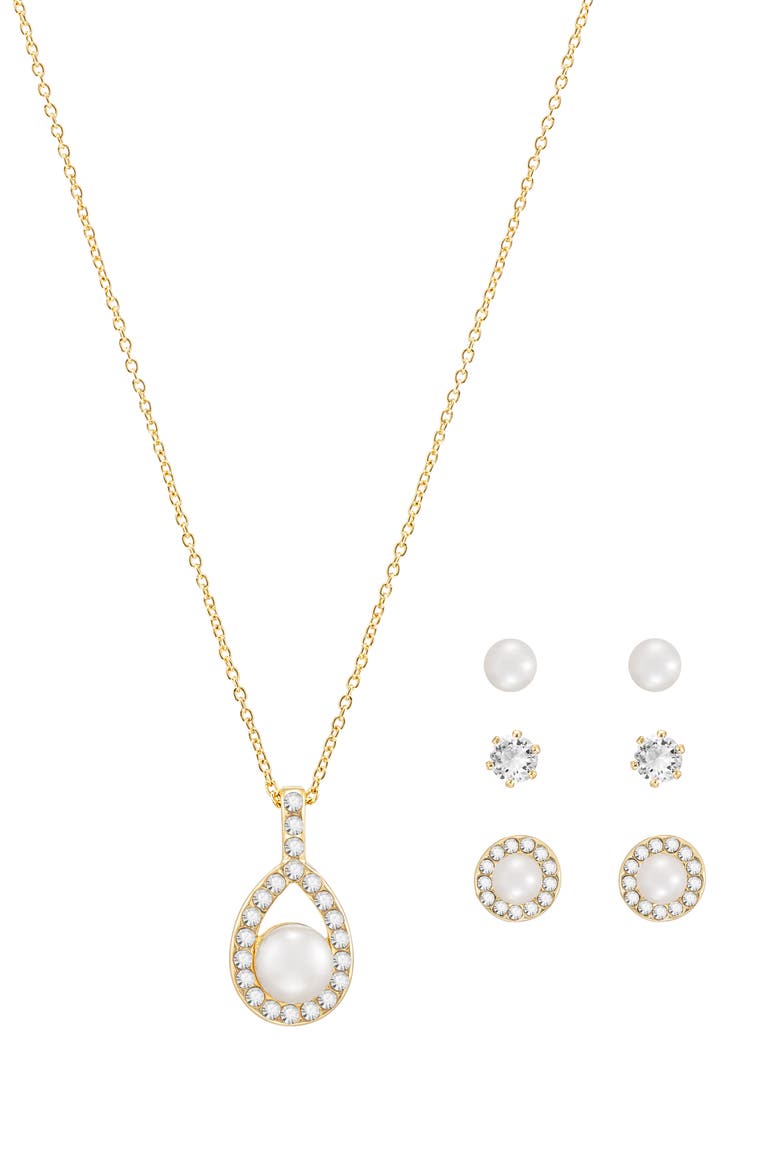 Imitation Pearl and Cubic Zirconia Necklace and Earrings Set, Alternate, color, GOLD